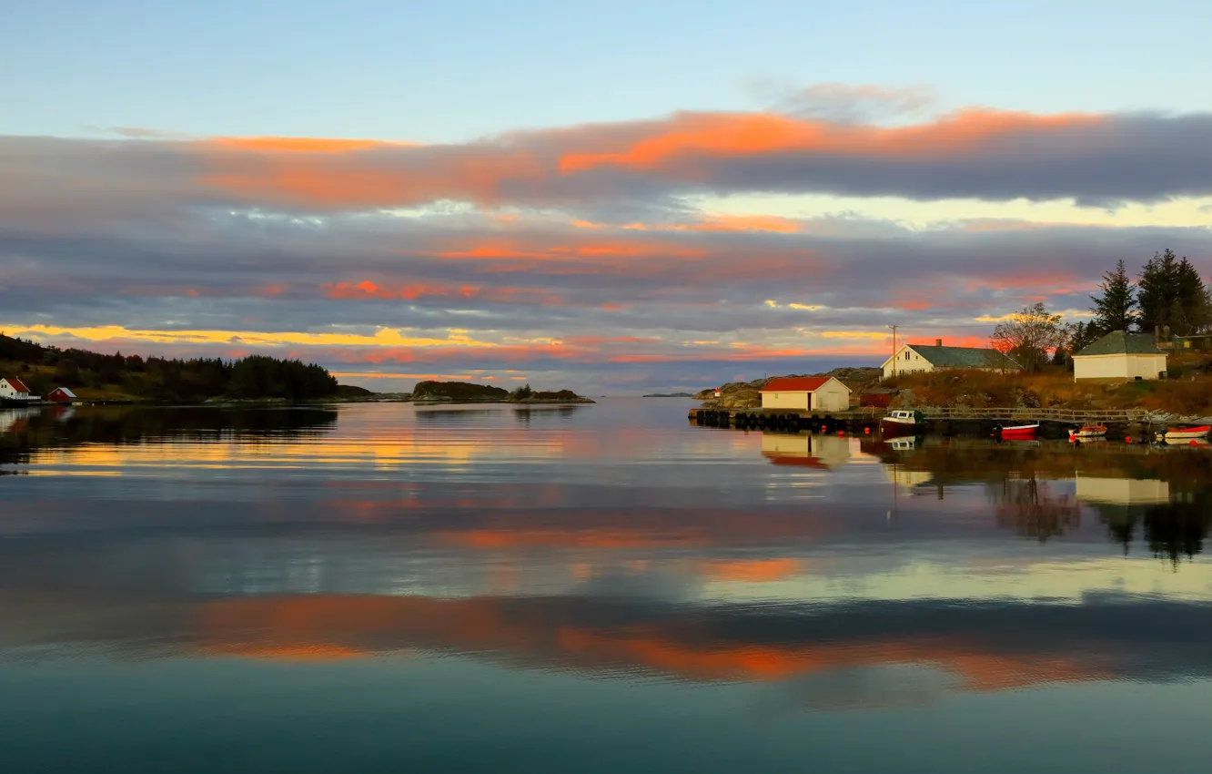 Photo wallpaper the sky, clouds, reflection, shore, boat, home, the evening, Norway