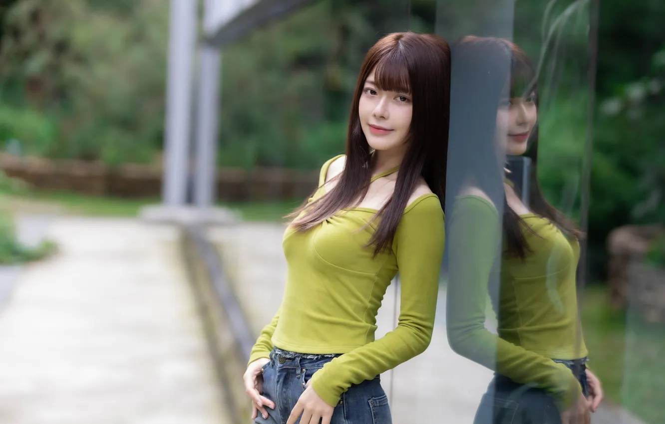 Photo wallpaper look, glass, reflection, blouse, Asian