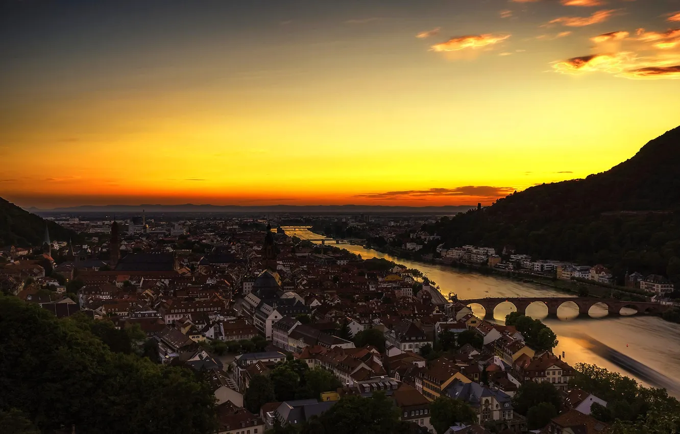 Photo wallpaper landscape, mountains, bridge, river, home, Germany, panorama, glow