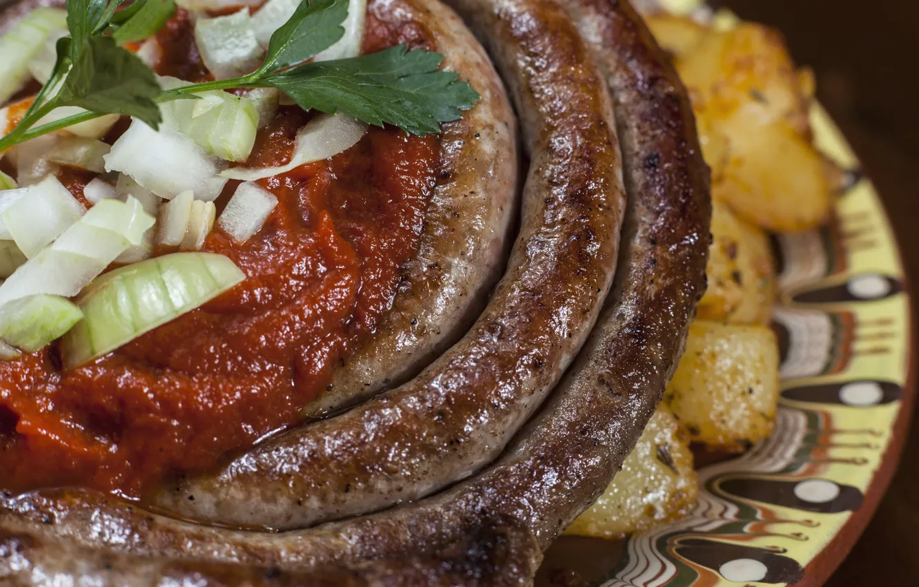 Photo wallpaper bow, sauce, potatoes, appetizing, homemade sausage