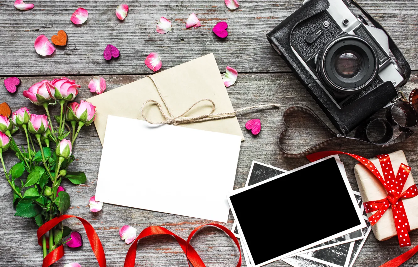 Photo wallpaper flowers, photo, roses, bouquet, camera, frame, petals, gifts