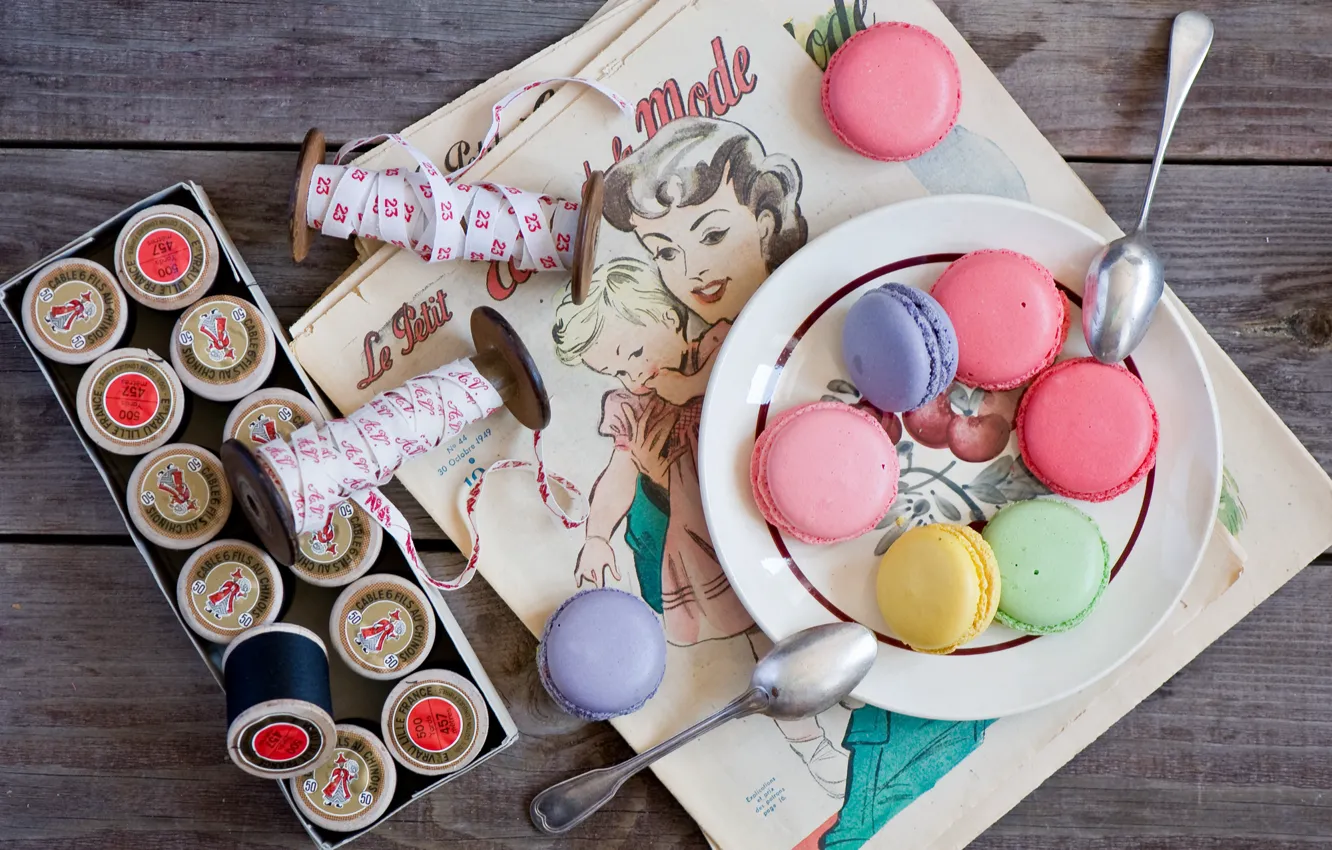 Photo wallpaper cookies, plate, colorful, thread, dessert, spoon, Anna Verdina, macaron