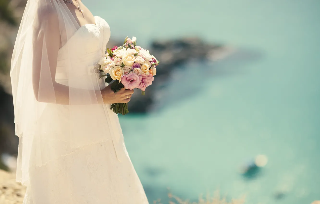Photo wallpaper girl, bouquet, dress, the bride
