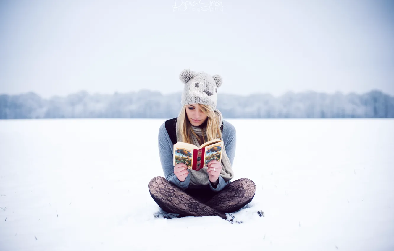 Photo wallpaper winter, girl, hat, blonde, reads