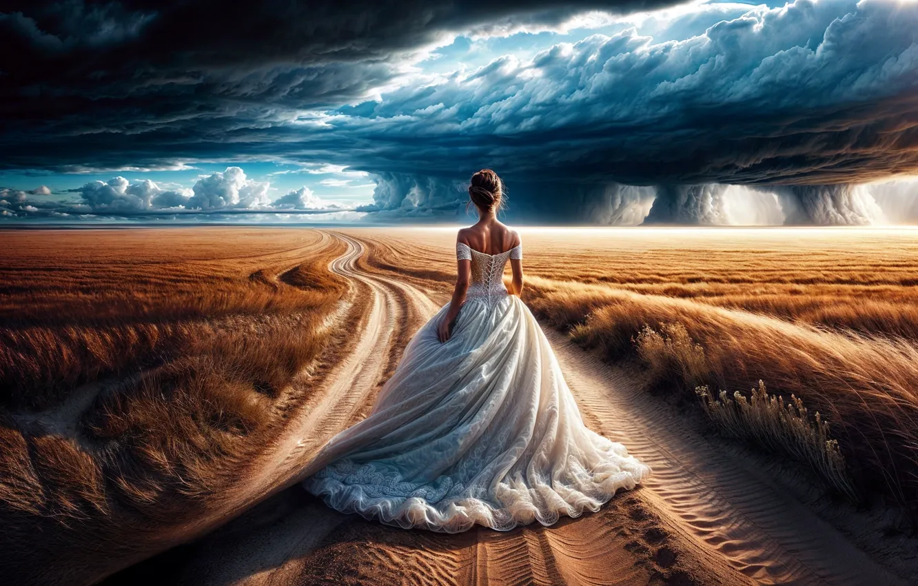 Photo wallpaper road, the storm, field, girl, clouds, rain, ears, the bride