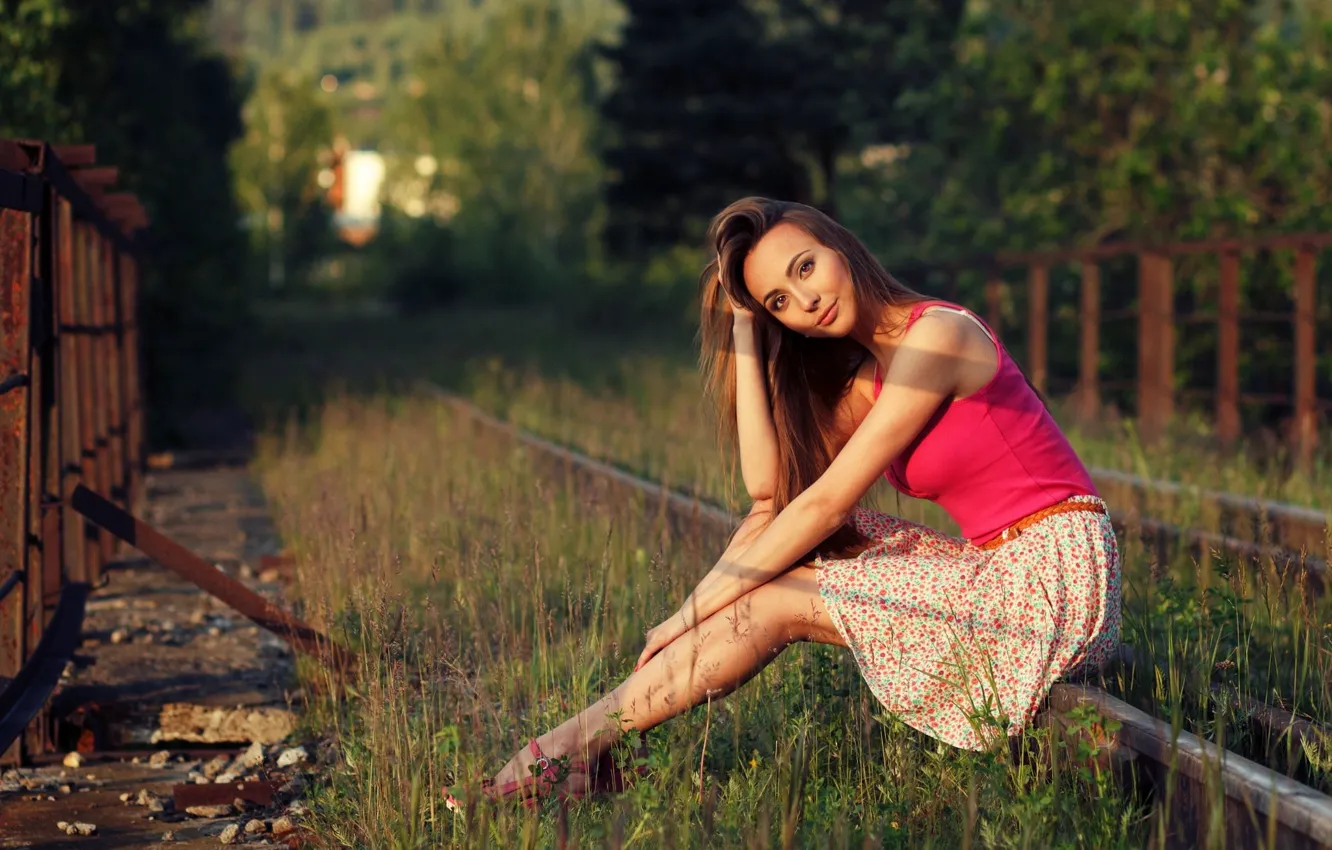 Photo wallpaper grass, girl, the sun, trees, rails, skirt, makeup, Mike