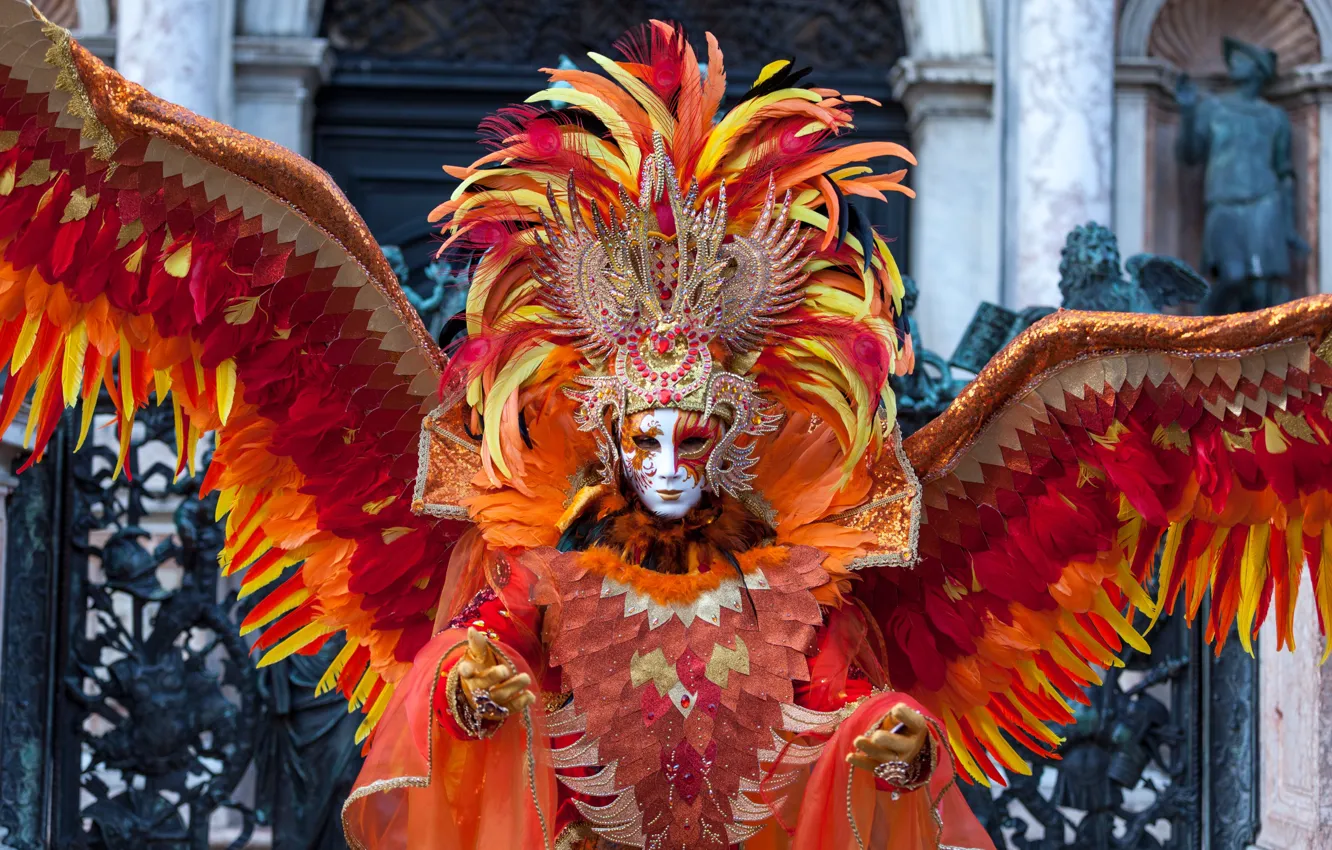 Photo wallpaper red, wings, feathers, mask, costume, carnival