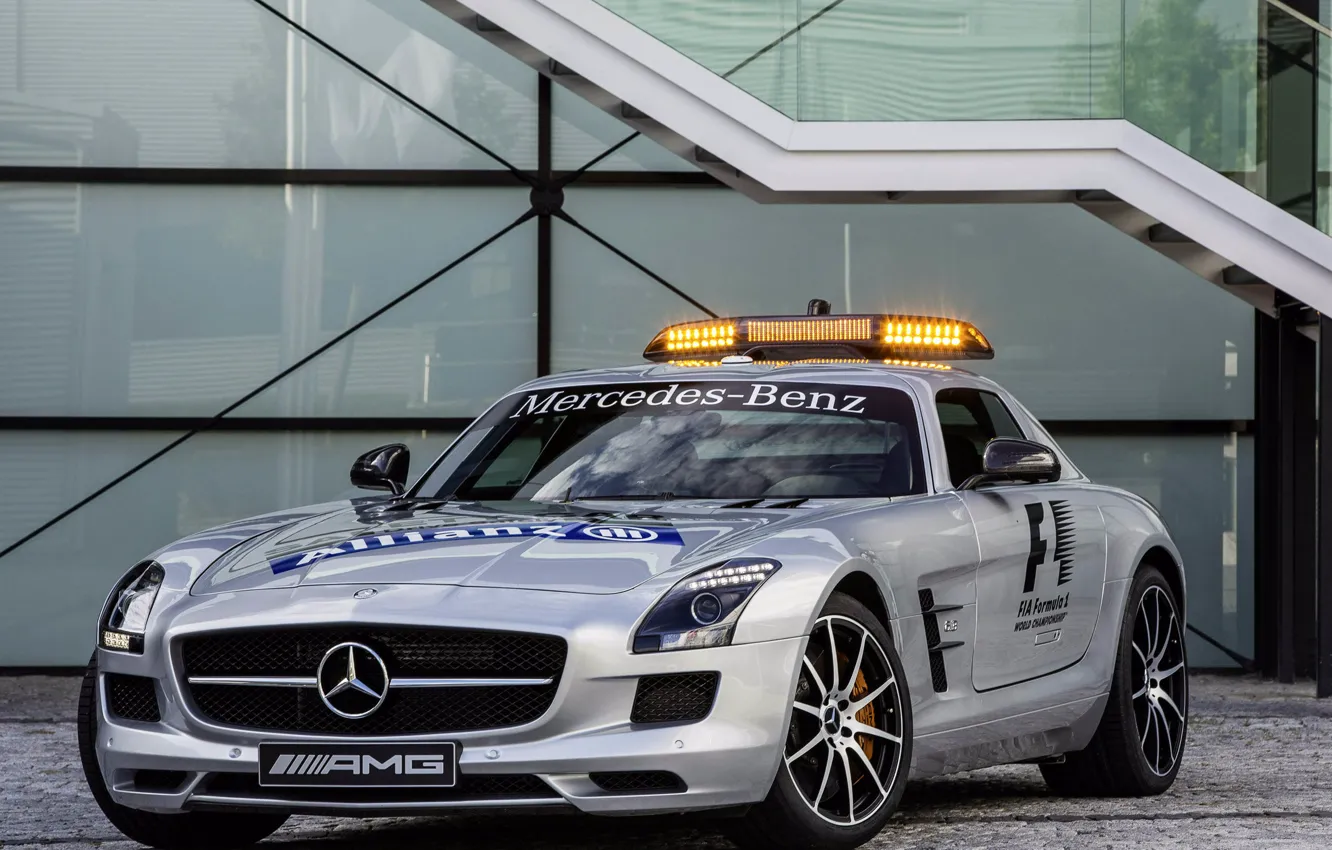 Photo wallpaper machine, silver, front view, Mercedes, safety car, SLS, mercedes-benz sls amg, gt f1