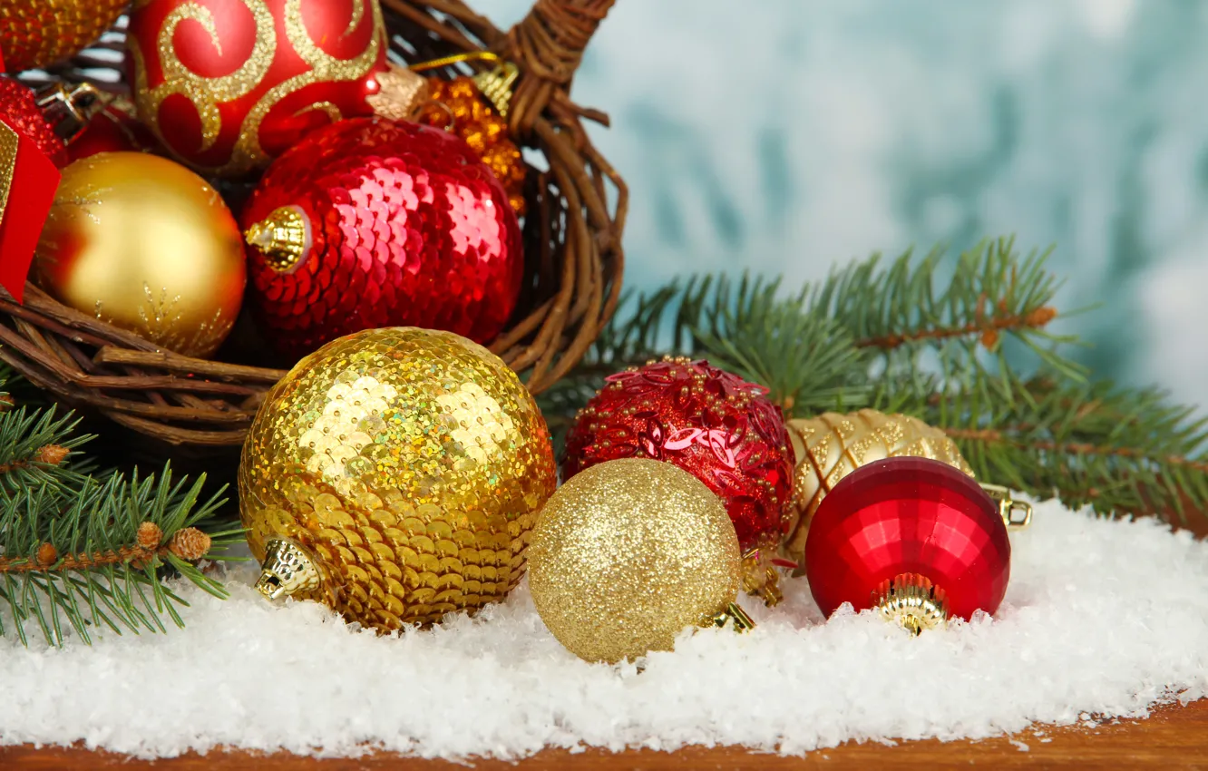 Photo wallpaper snow, decoration, balls, new year, Christmas, Christmas, balls, decoration