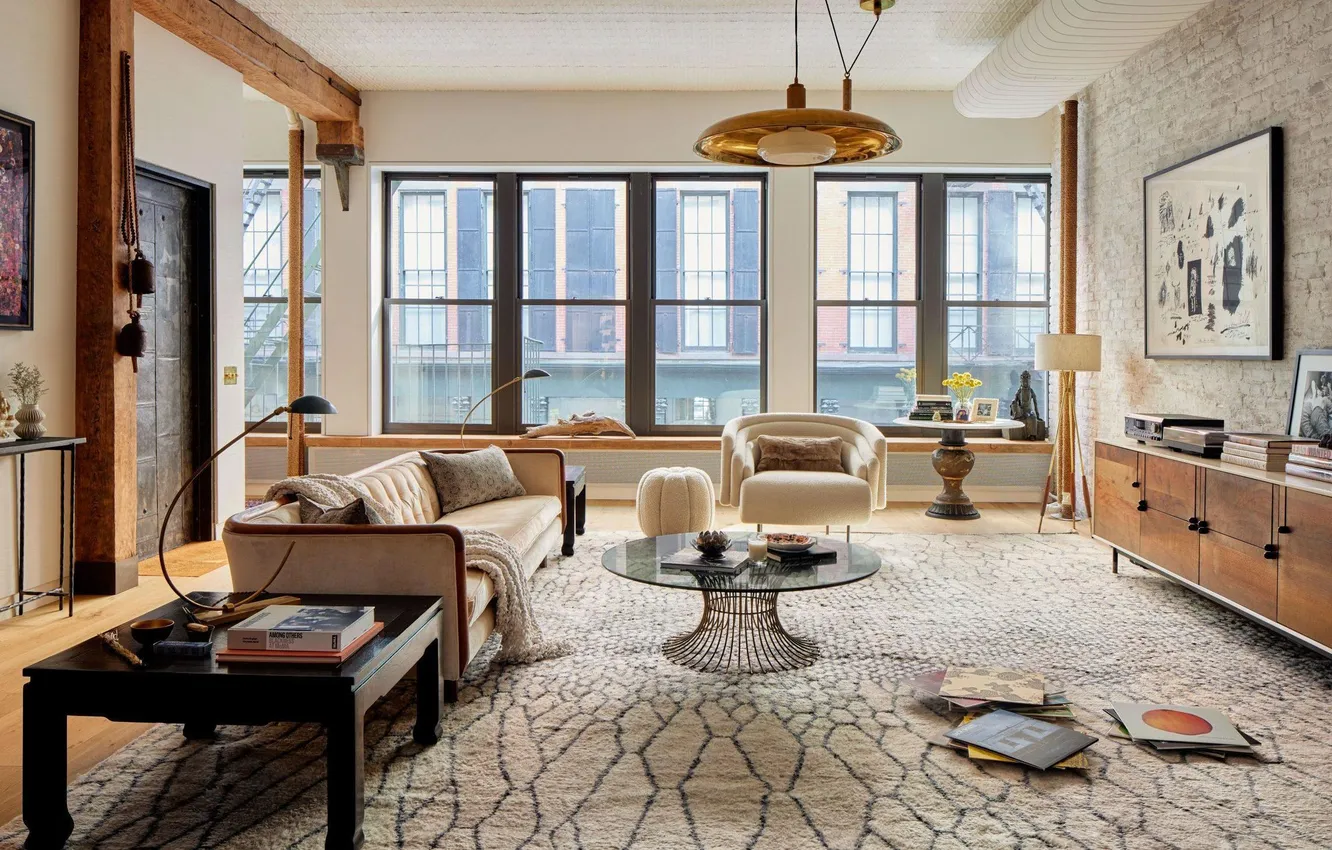 Photo wallpaper design, room, interior, retro style, living room, upholstered furniture, Mid-century modern interior