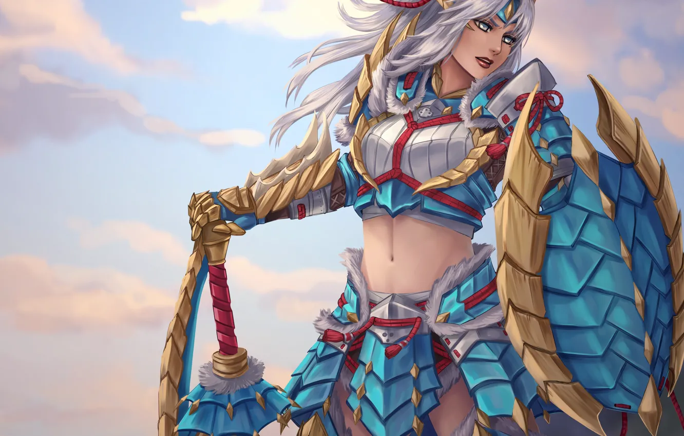 Photo wallpaper girl, sword, shield, art, monster hunter, zinogre armor