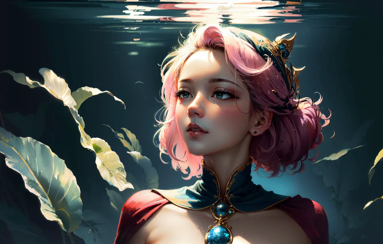 Photo wallpaper pink hair, underwater, water, women, portrait, young women, AI Art