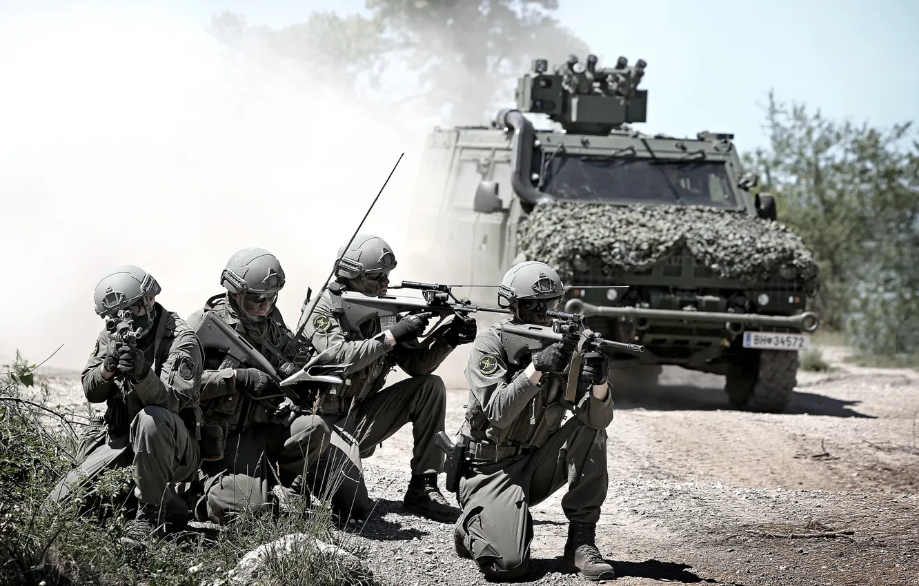 Photo wallpaper road, army, soldiers, equipment, armored car