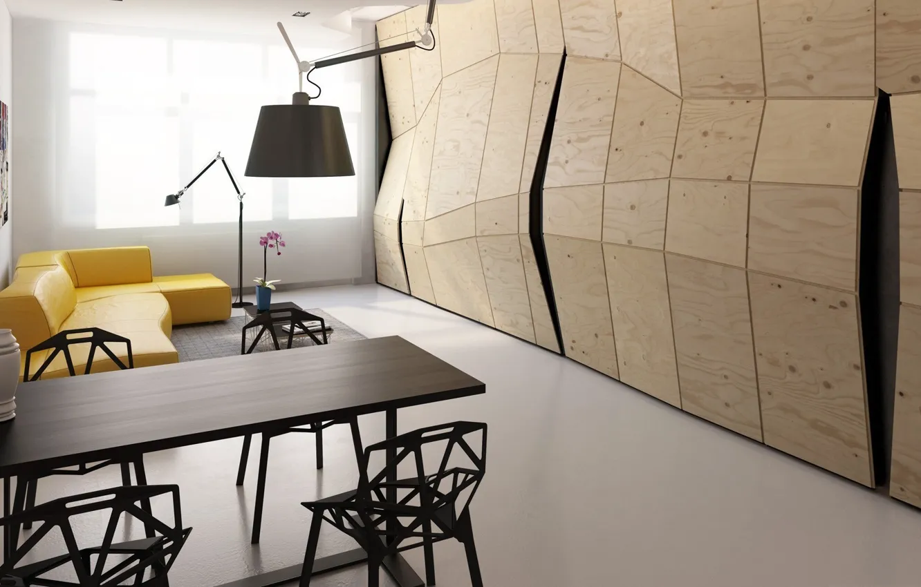 Photo wallpaper design, style, interior, visualization, living room, dining room, Transformer Apartment, by Vlad Mishin