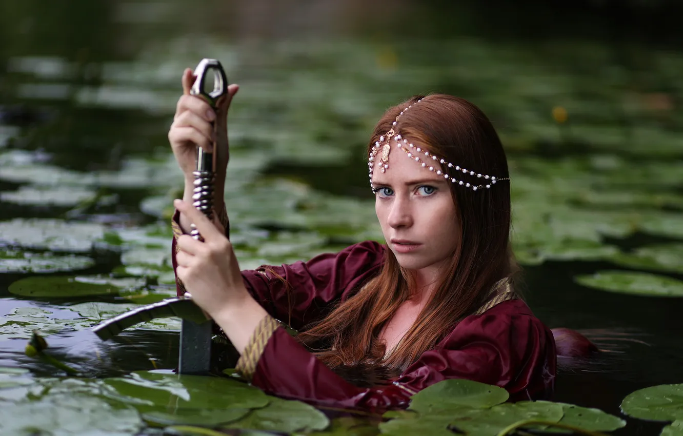 Photo wallpaper look, leaves, girl, decoration, pond, style, portrait, sword