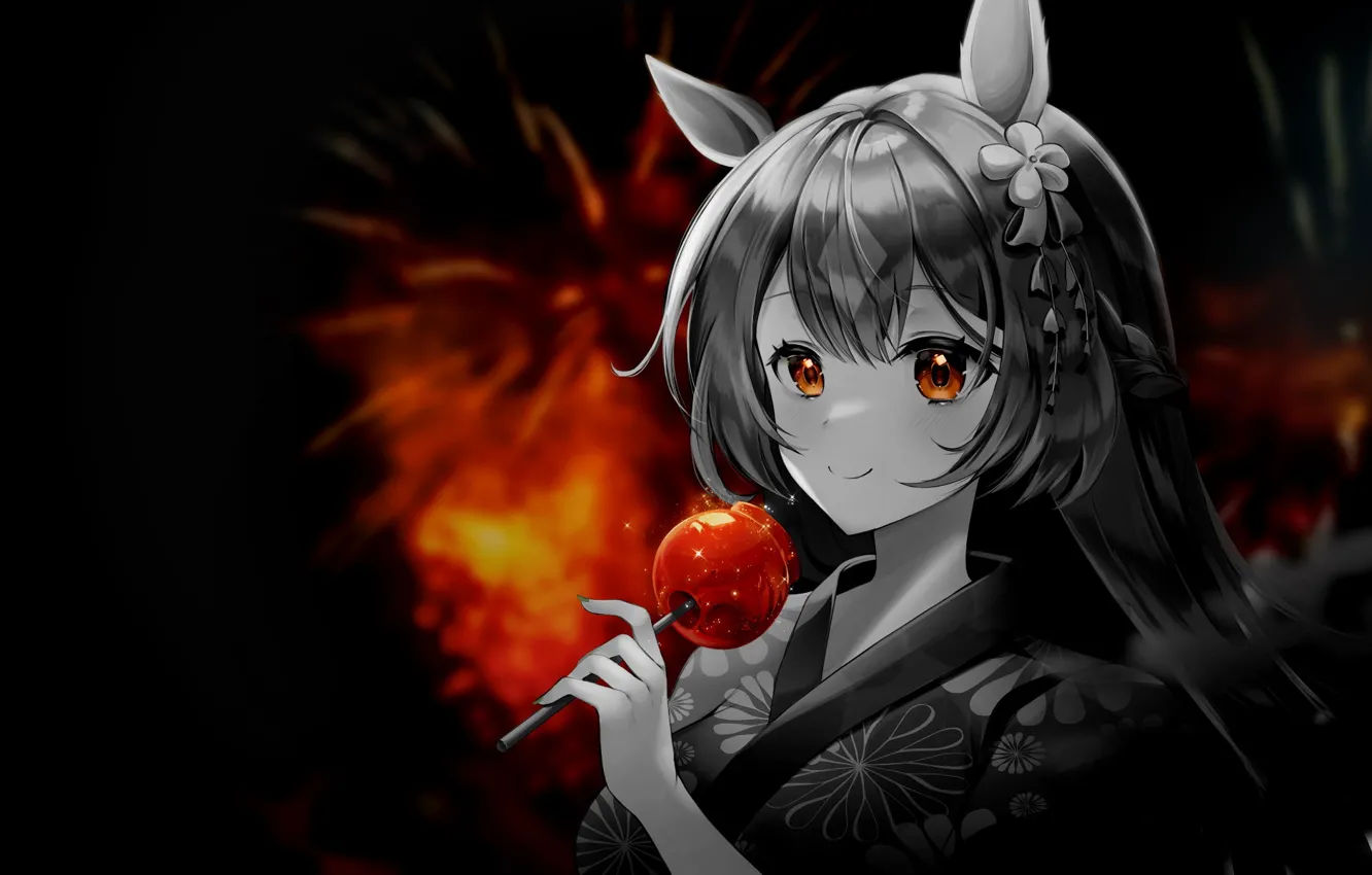 Photo wallpaper girl, smile, the dark background, anime, kimono, ears, Lollipop