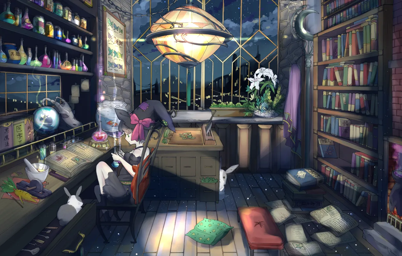 Photo wallpaper anime, rabbit, library, witch, alchemy