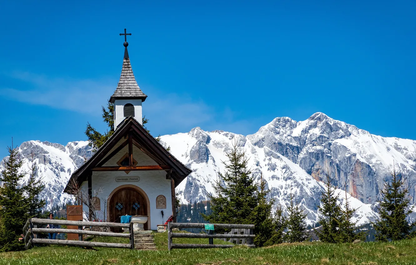 Photo wallpaper trees, landscape, mountains, nature, Austria, ate, Alps, chapel