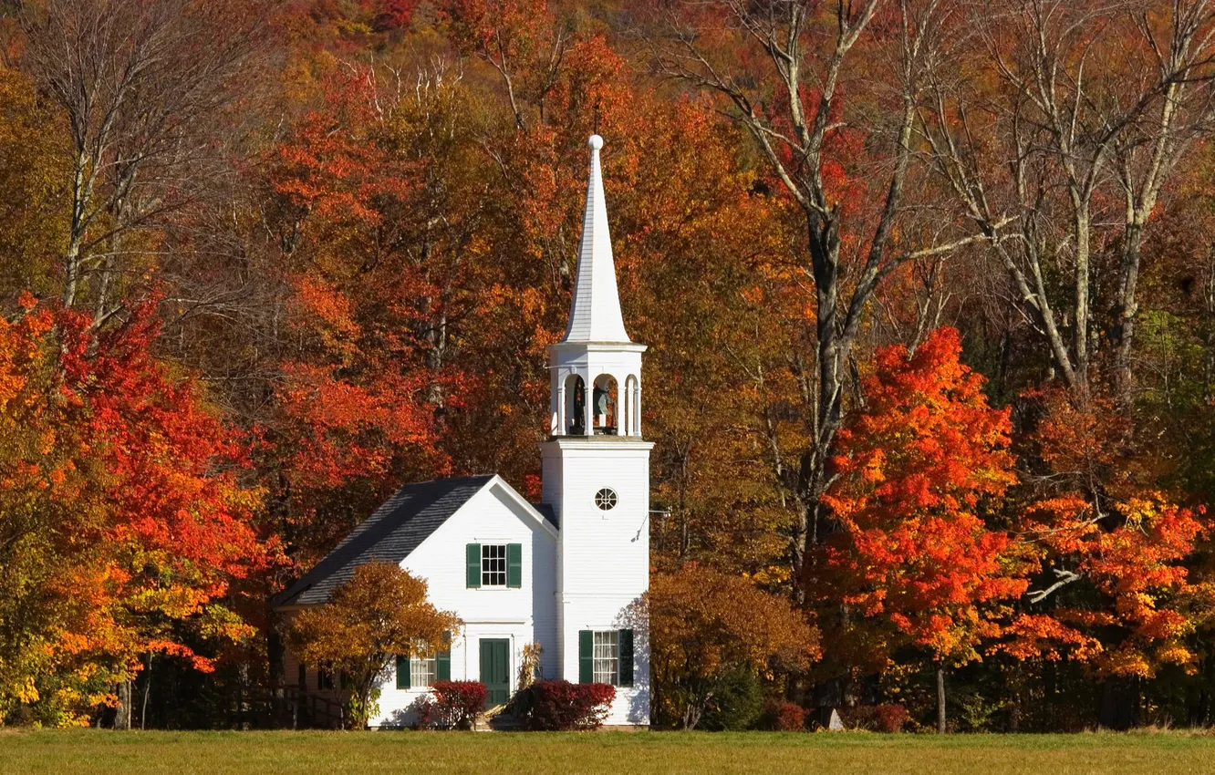Photo wallpaper autumn, leaves, trees, foliage, tower, Church, house, the crimson