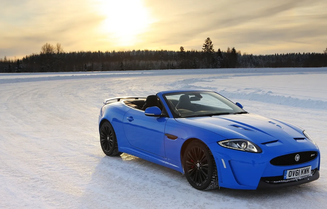 Photo wallpaper winter, forest, the sun, snow, blue, Jaguar, Jaguar, convertible