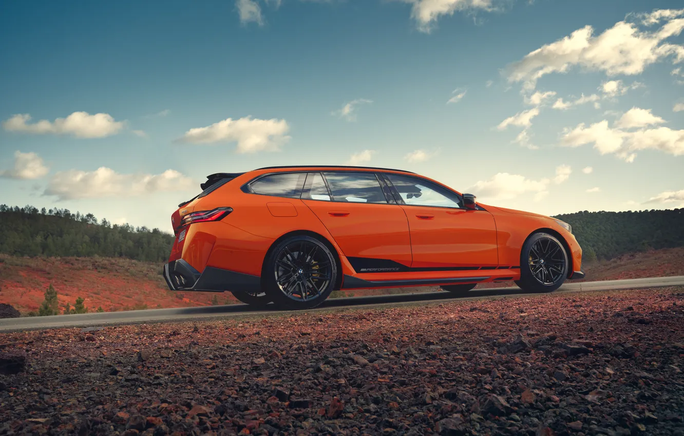 Photo wallpaper BMW, road, clouds, mountain, orange, Side, M Performance, BMW M5 Touring