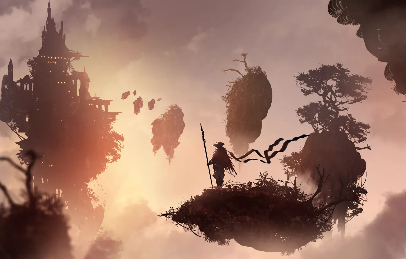 Photo wallpaper landscape, stones, fiction, figure, warrior, art, landscapes, digital art