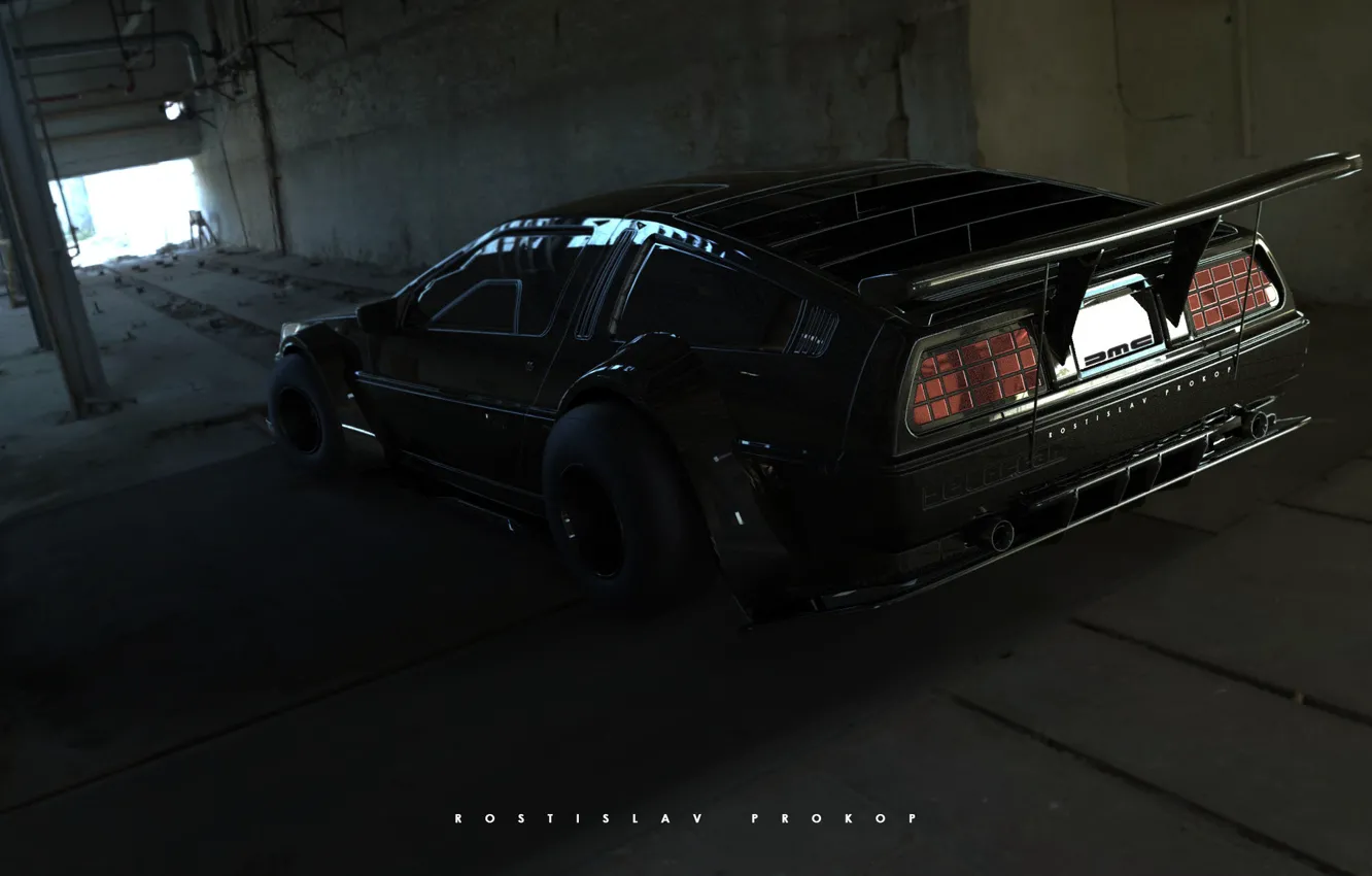 Photo wallpaper machine, auto, rendering, DeLorean DMC-12, DeLorean, DMC-12, Black Edition, Transport & Vehicles