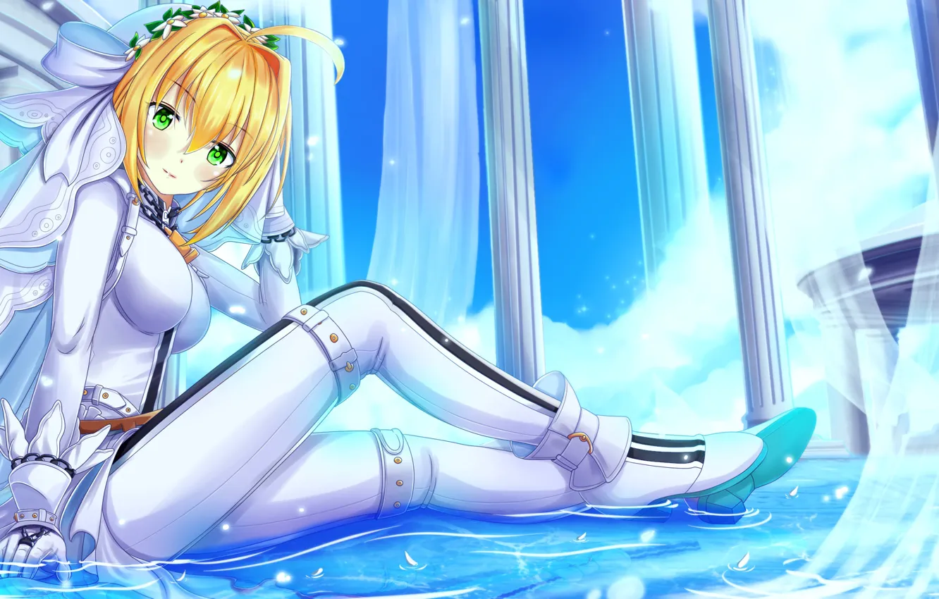 Photo wallpaper girl, sitting, white suit, the saber, Saber Age, Fate / Grand Order, The destiny of …