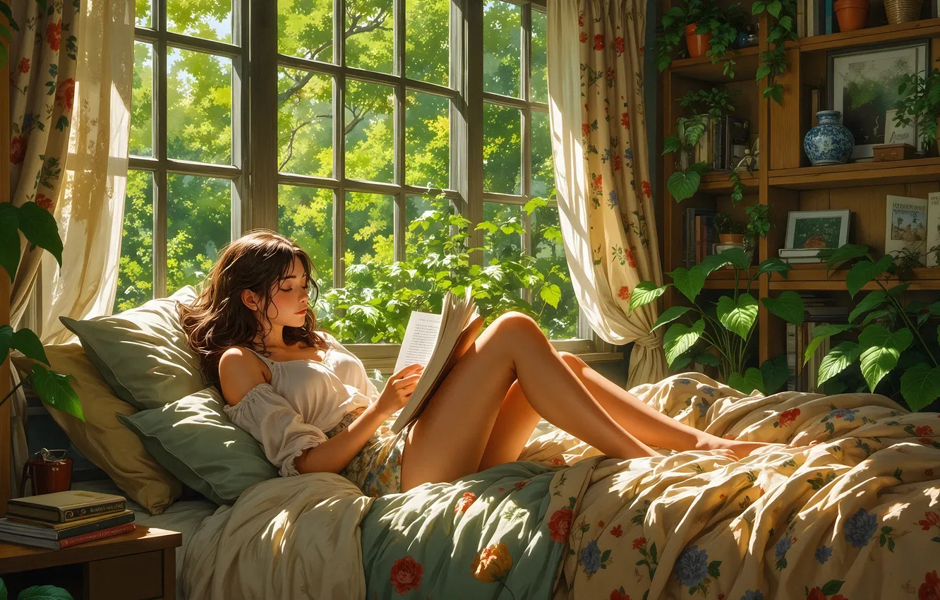 Photo wallpaper girl, legs, window, digital art, artwork, plants, Illustration, reading