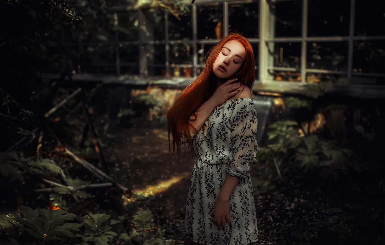 Photo wallpaper girl, pose, mood, dress, red, redhead, long hair, Hakan Erenler