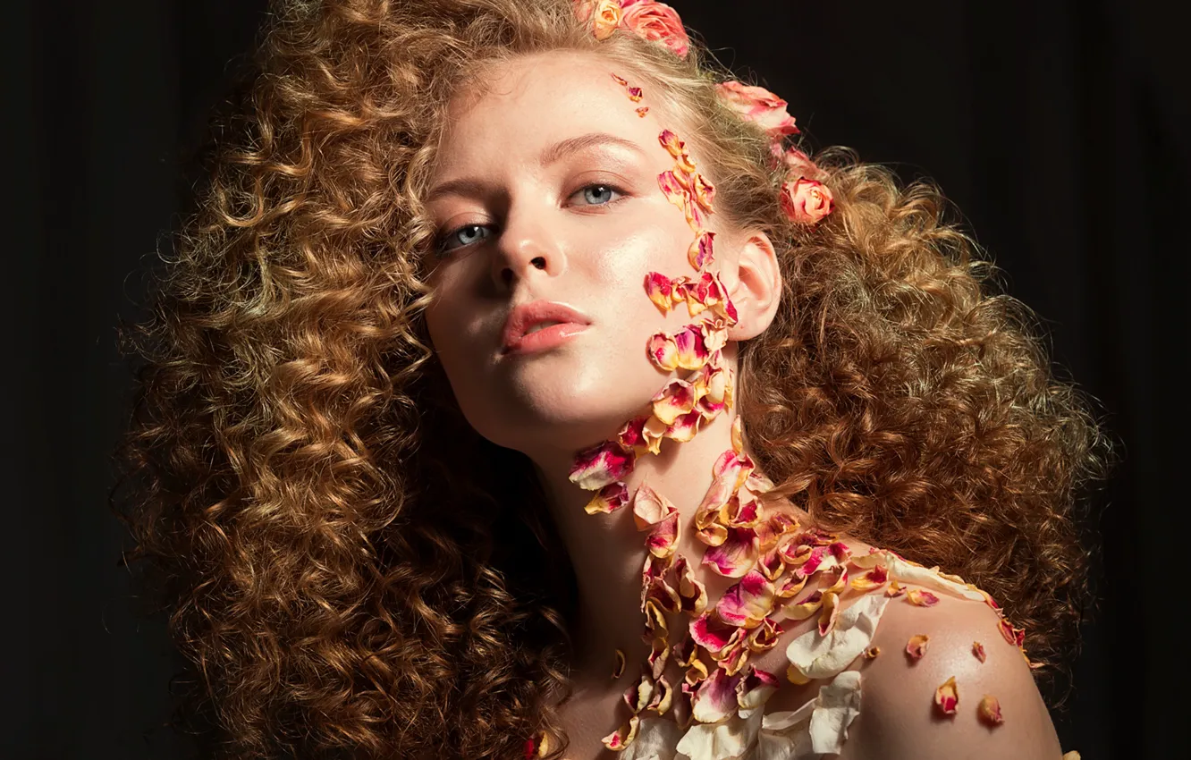 Photo wallpaper girl, flowers, roses, petals, brown hair, curls, Irina Kharitonova