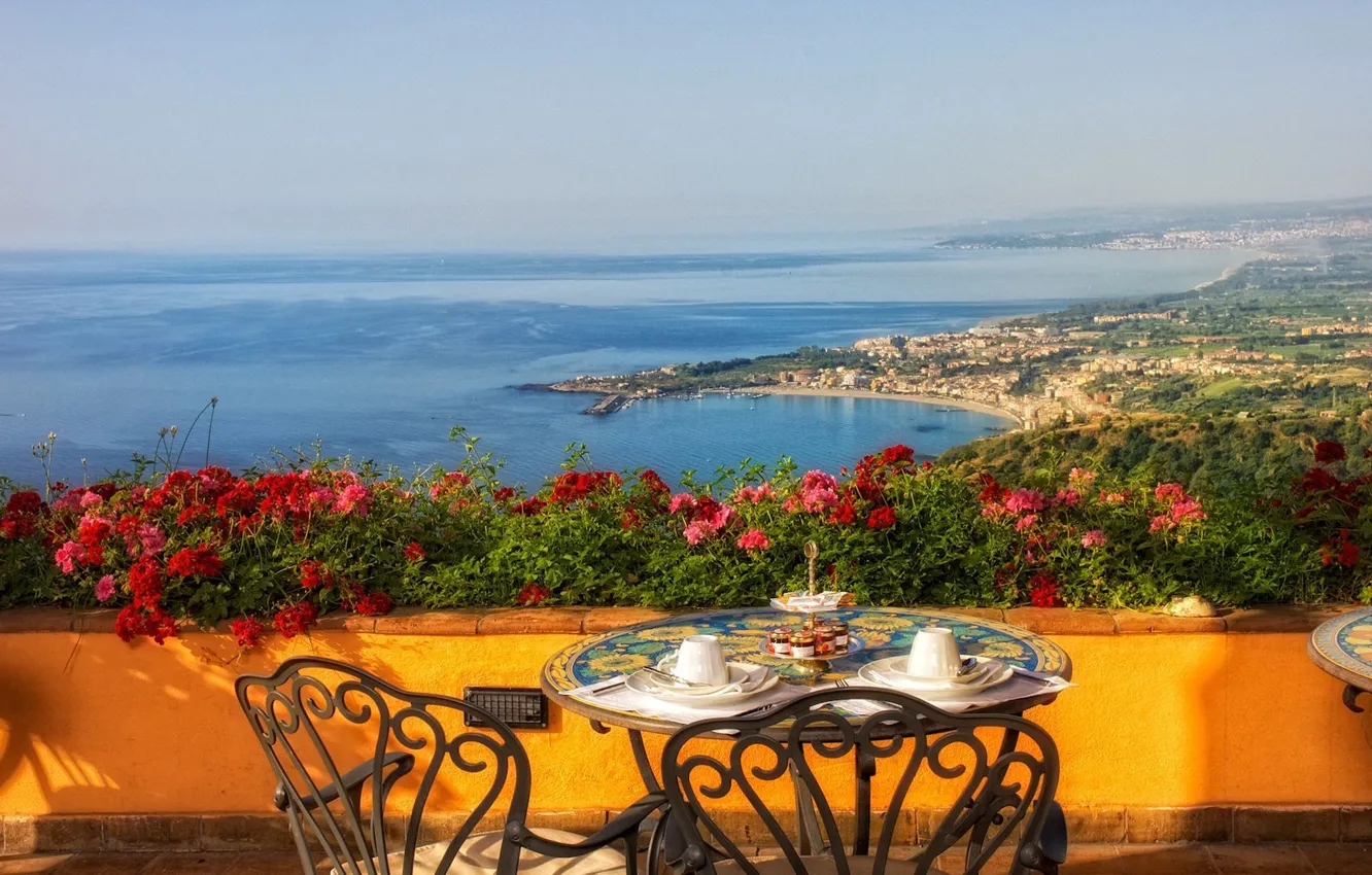 Photo wallpaper sea, flowers, coast, Italy, table, Italy, terrace
