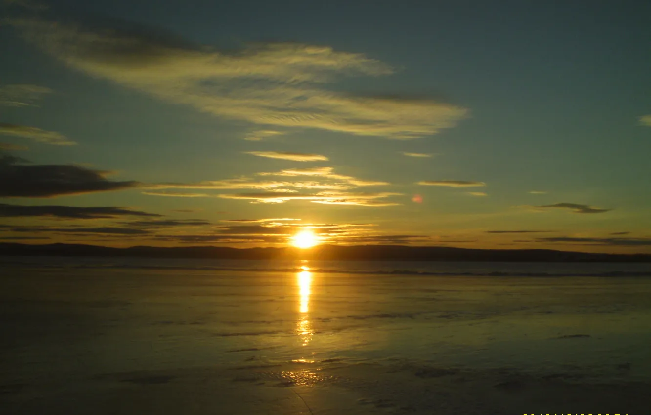 Photo wallpaper Sunset, Winter, The evening, Lake, Ice