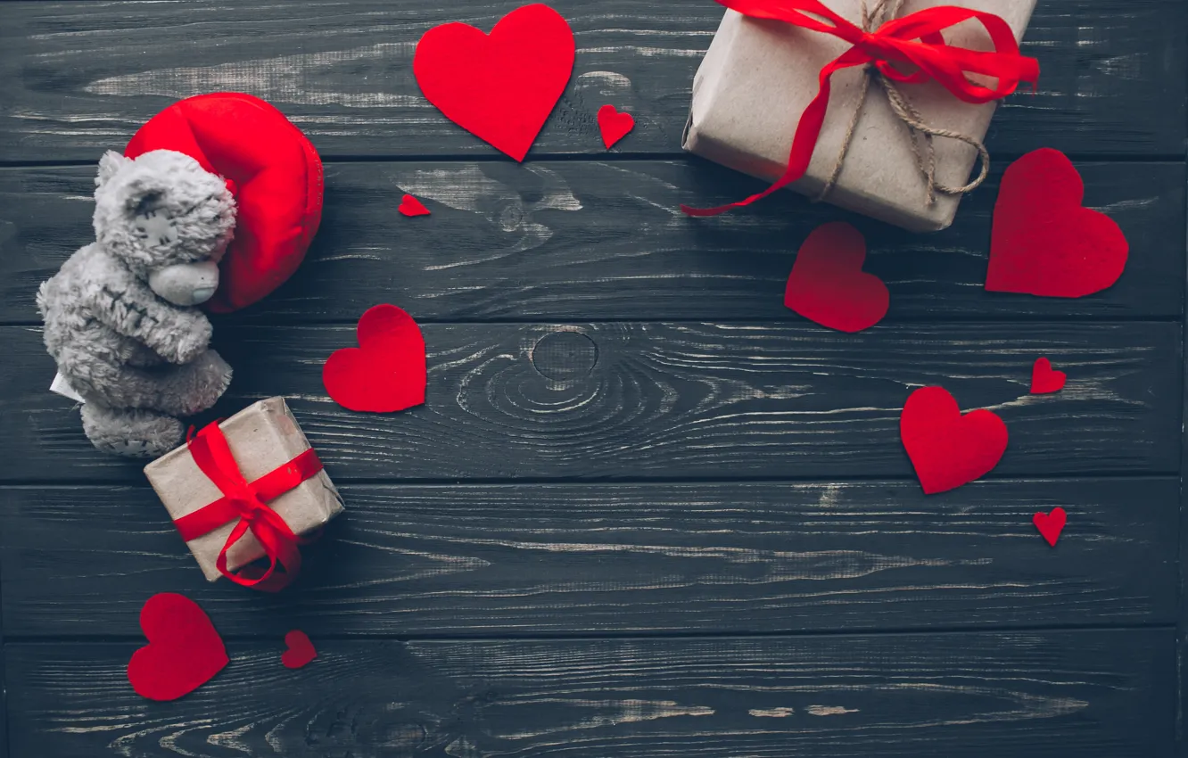 Photo wallpaper love, gift, heart, red, love, bear, wood, romantic