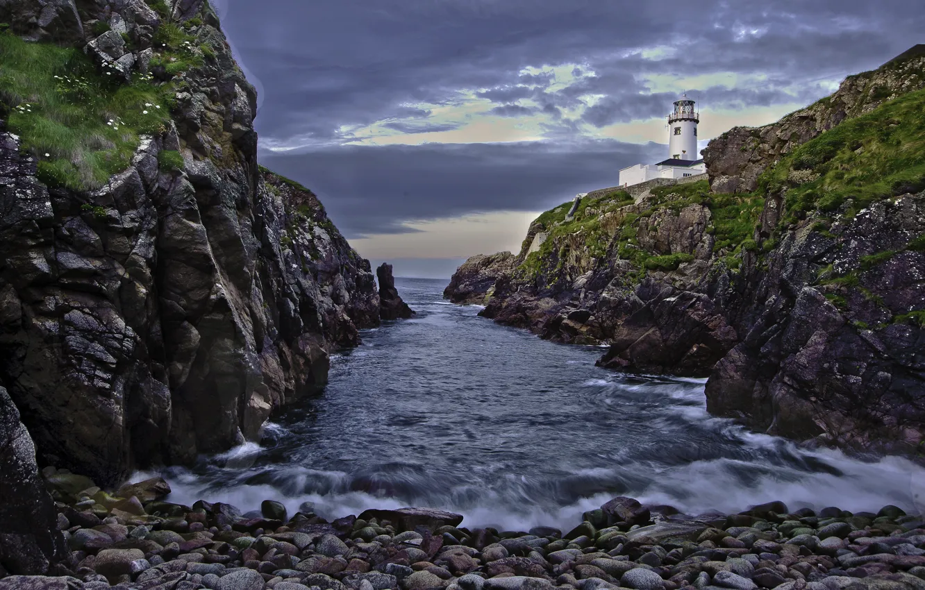Photo wallpaper sea, landscape, clouds, stones, rocks, shore, lighthouse, Ireland