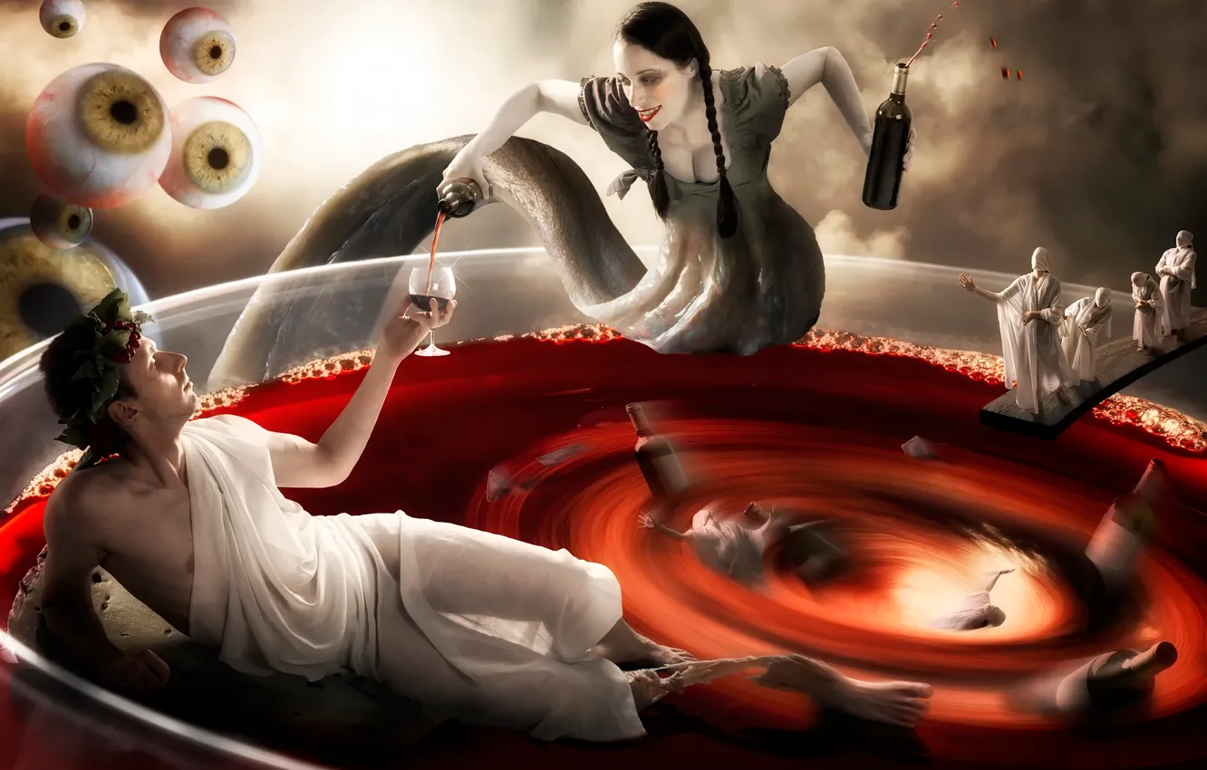 Photo wallpaper fantasy, wine, art, male, the temptation, drinking, temptation