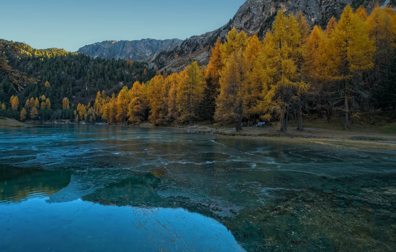 Photo wallpaper autumn, forest, the sky, trees, mountains, lake, reflection, rocks