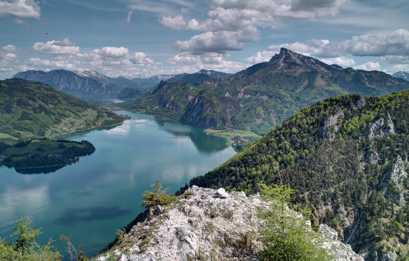 Photo wallpaper the sky, trees, mountains, lake
