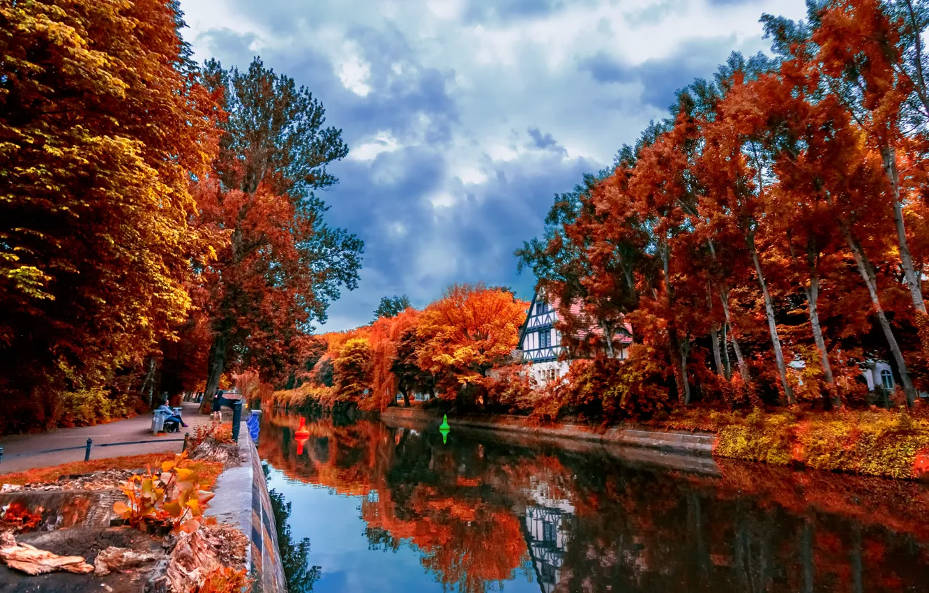 Photo wallpaper autumn, leaves, trees, landscape, reflection, river, beauty, house