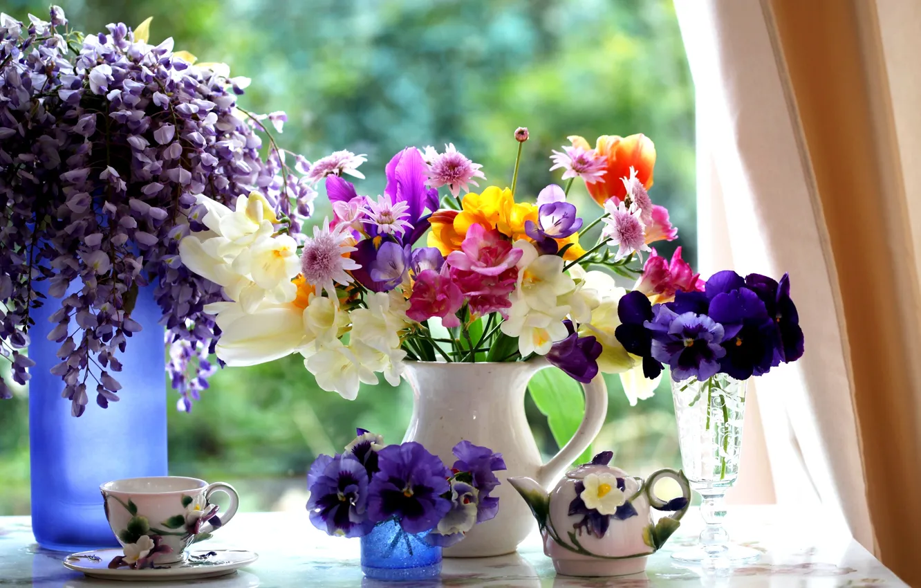 Photo wallpaper kettle, Cup, tulips, Jasmine, violet