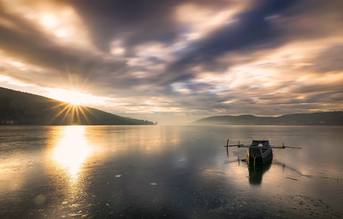 Photo wallpaper the sky, the sun, clouds, rays, light, mountains, clouds, fog