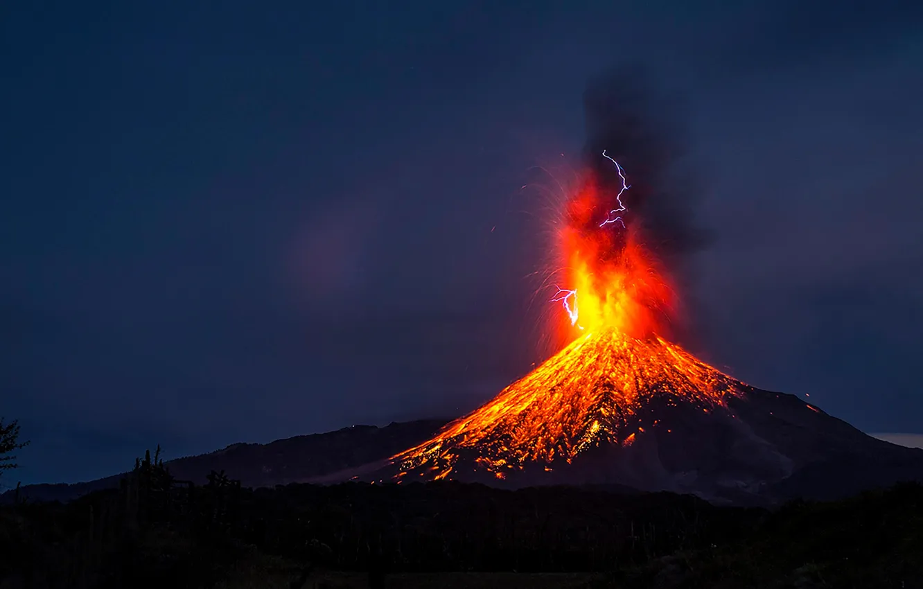 Photo wallpaper the sky, the explosion, night, lightning, smoke, the volcano, Mexico, the eruption