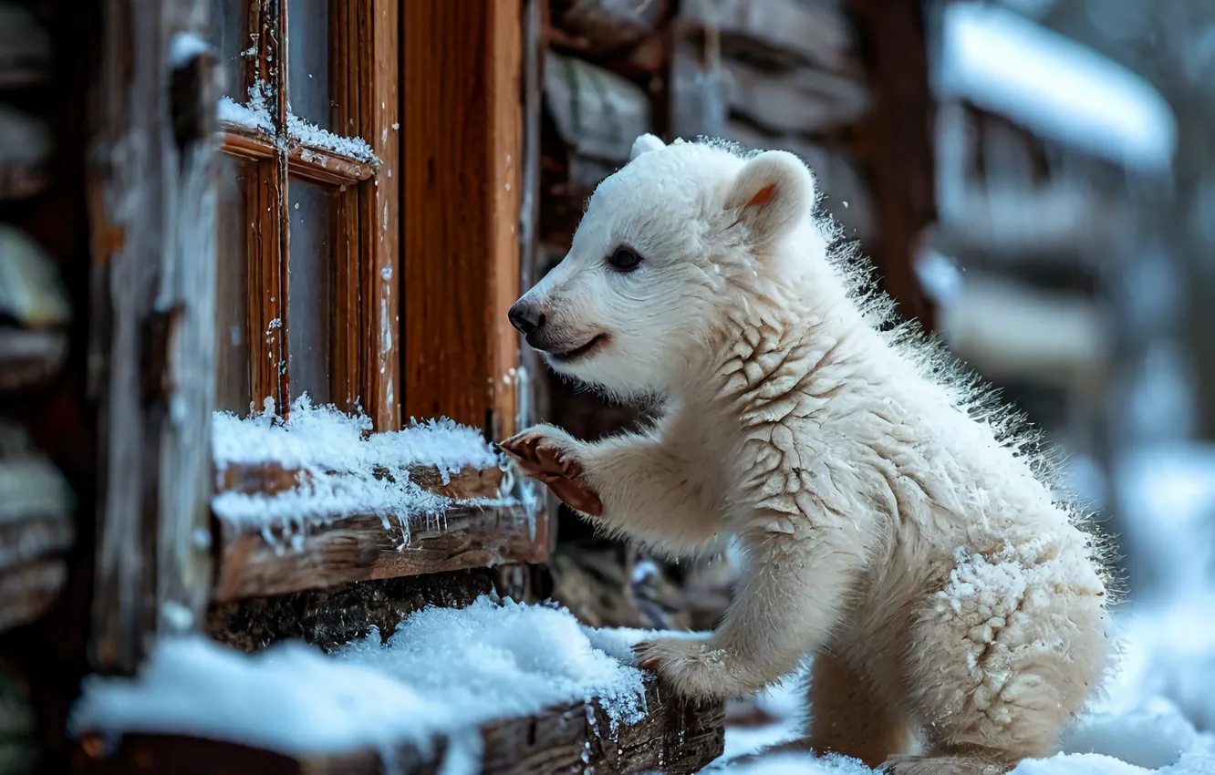 Photo wallpaper winter, snow, new year, bear, polar bear, hut