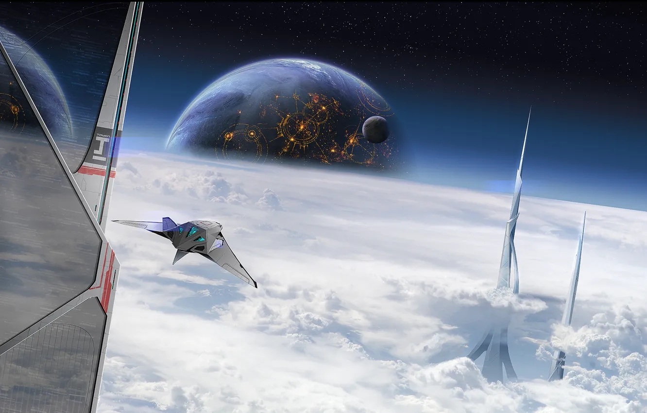 Photo wallpaper space, clouds, ship, planet, tower, the atmosphere, art, peak