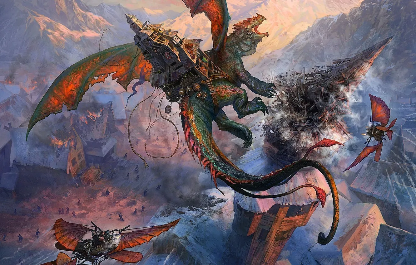 Photo wallpaper the city, dragon, tower, home, art, Andrei Pervukhin
