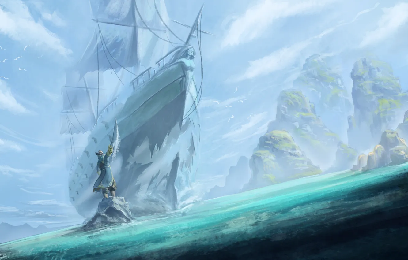 Photo wallpaper sea, ship, art, kunkka, dota 2, admiral