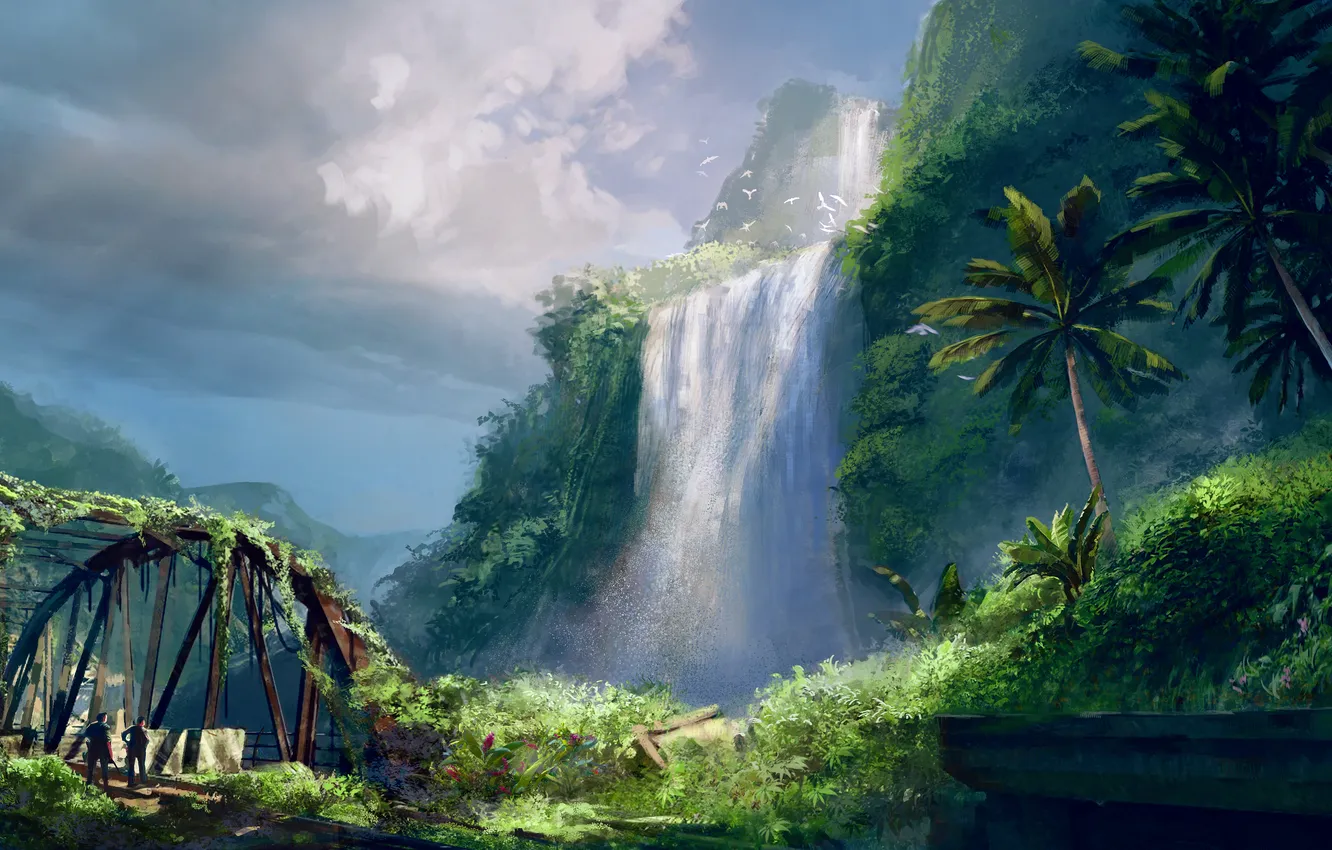 Photo wallpaper road, bridge, palm trees, island, waterfall, Far Cry: 3