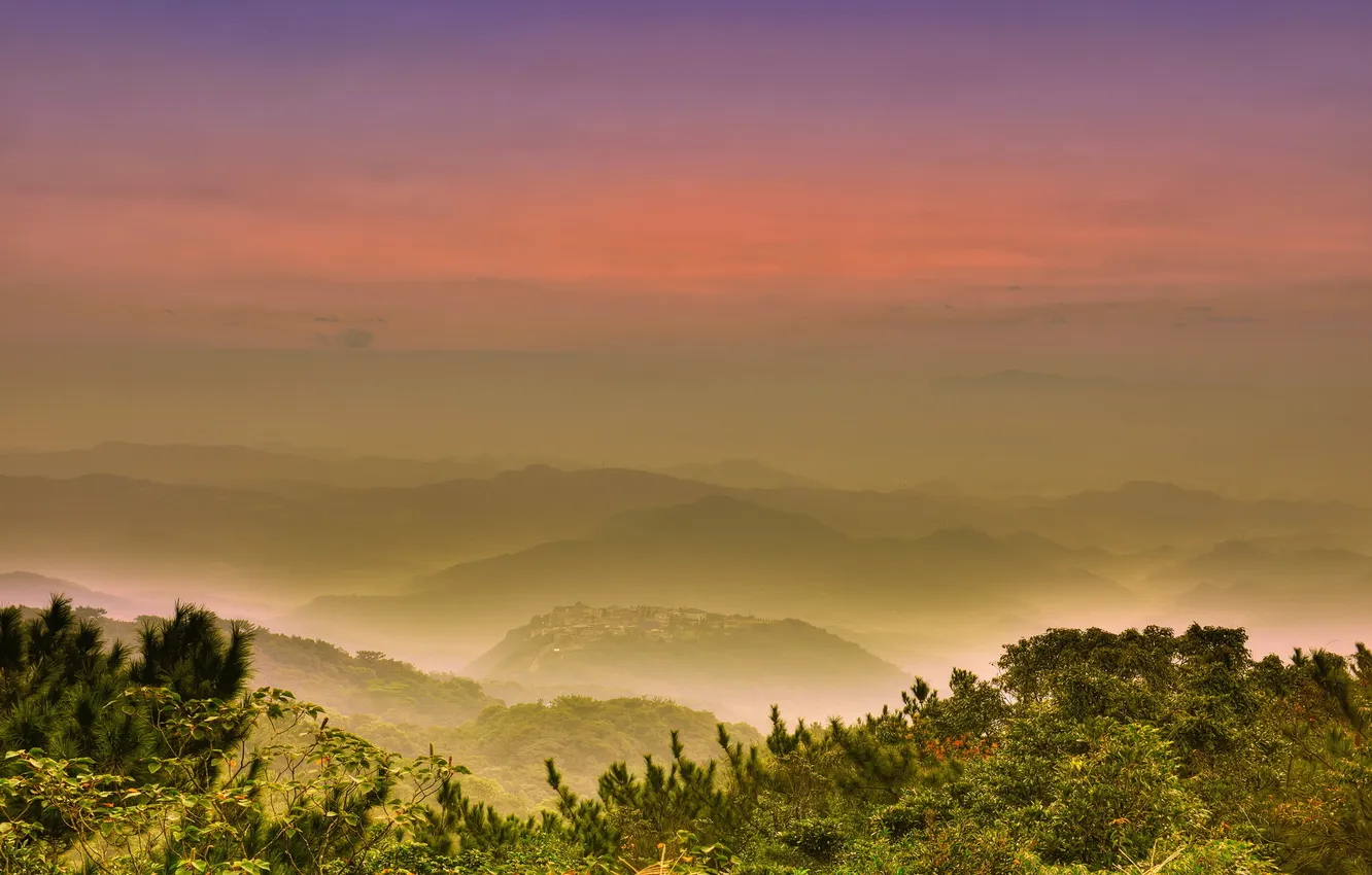 Photo wallpaper mountains, fog, dawn