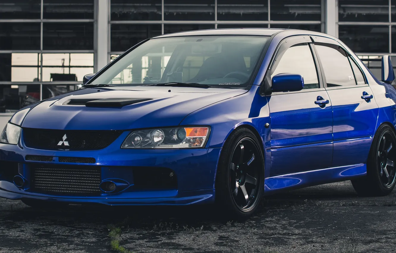 Photo wallpaper Mitsubishi, Lancer, Evolution, Front, blue