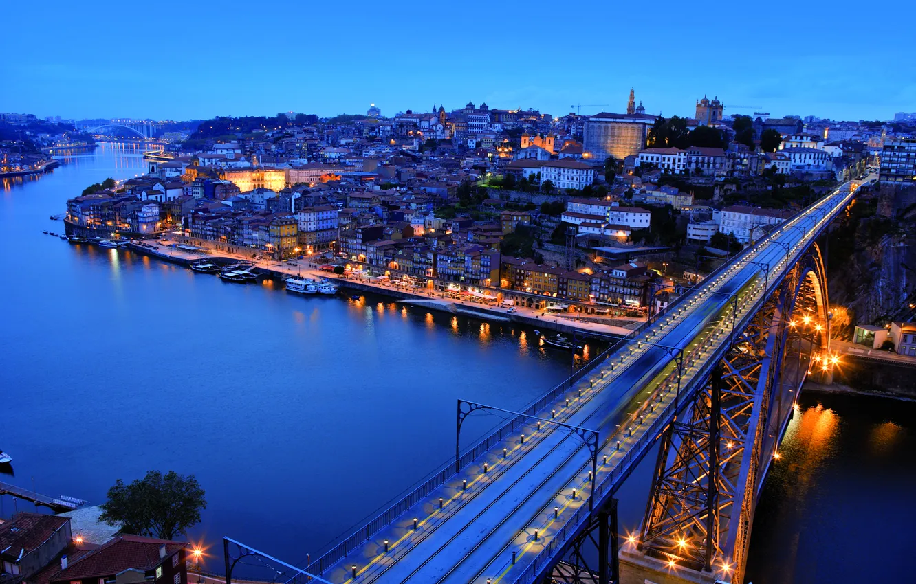 Photo wallpaper bridge, city, river, street, home, the evening, Portugal, architecture